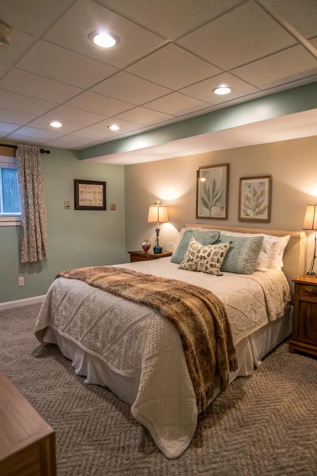 A deluxe basement guest suite featuring a cozy bed and soft lighting.