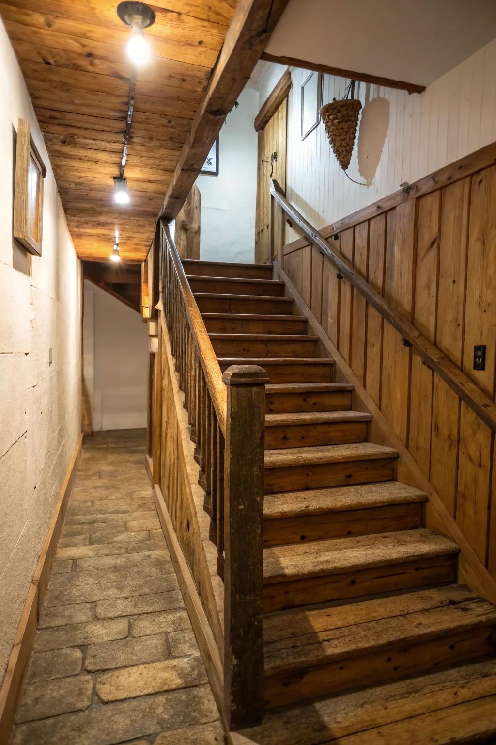 Raw wooden features add warmth and charm to the stairway.