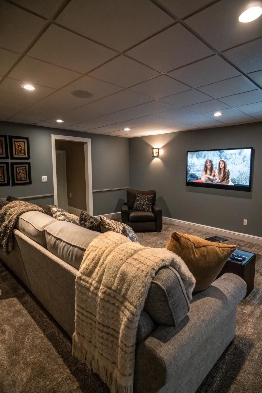 A cozy basement TV zone featuring comfortable sofas arranged for the best possible viewing experience.