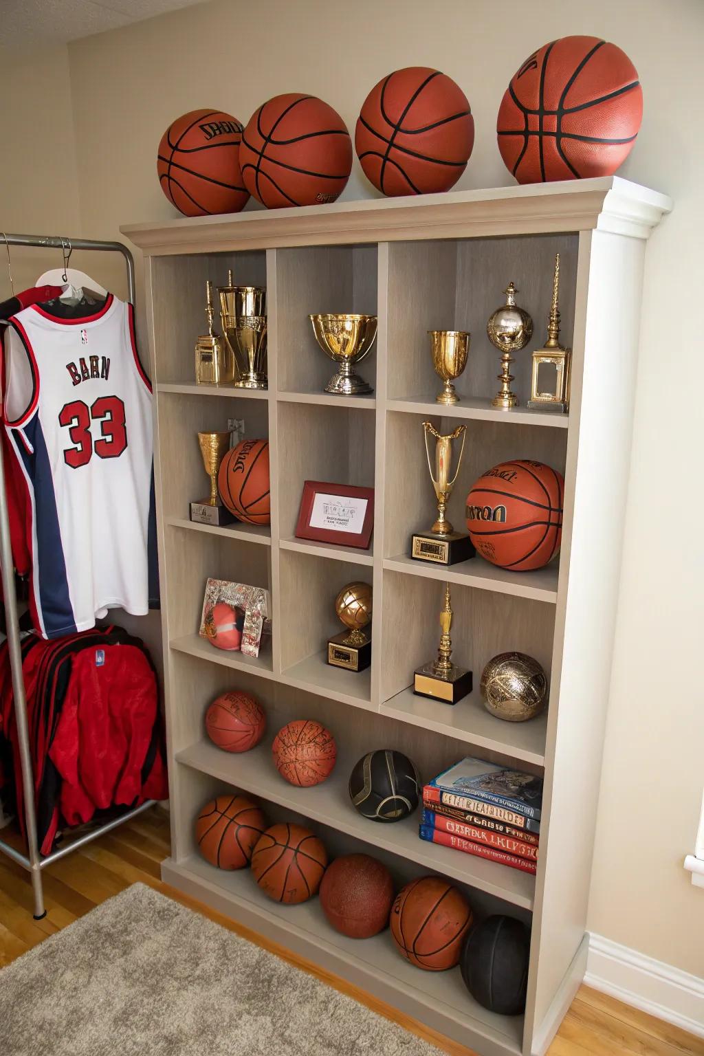 Practical shelving accented with basketball-themed features.