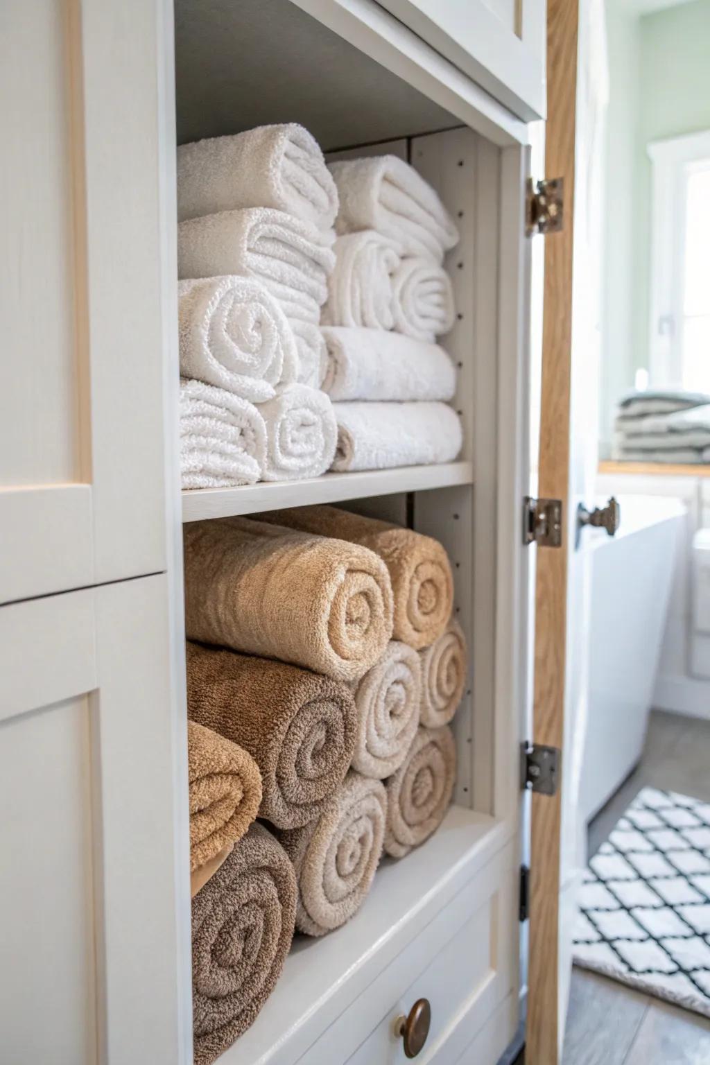 Rolled towels give your closet a spa-like ambiance.