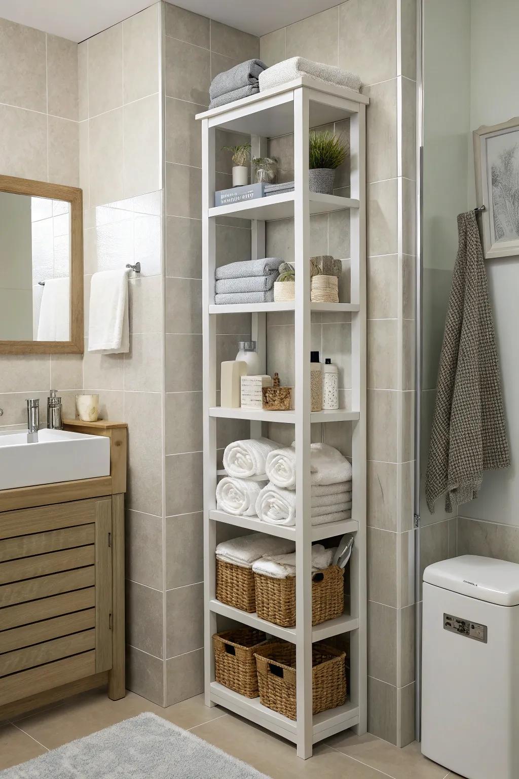 A tall shelving unit taking full advantage of vertical dimensions for optimized storage.