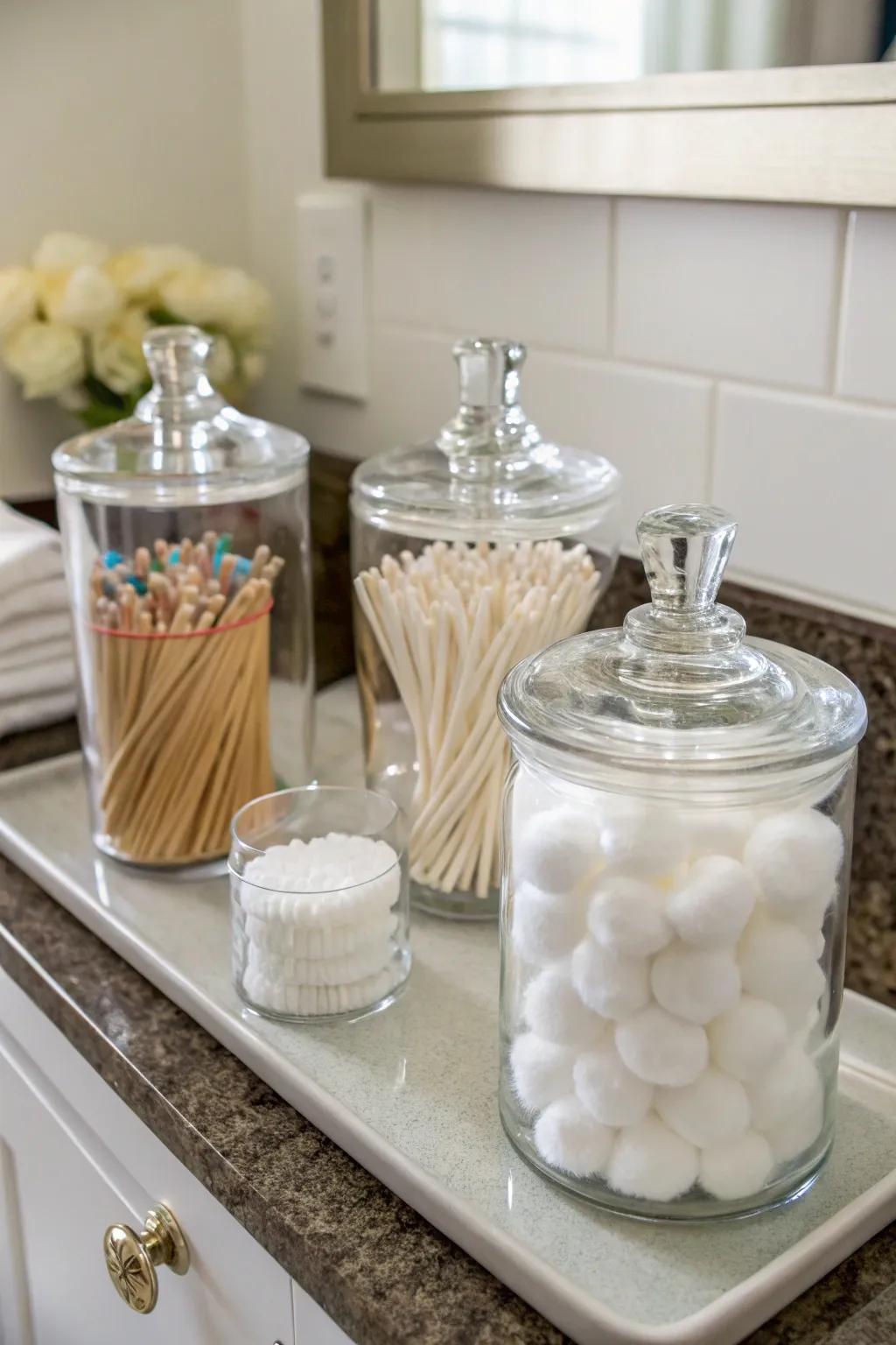 Glass jars keep your items organized and accessible.