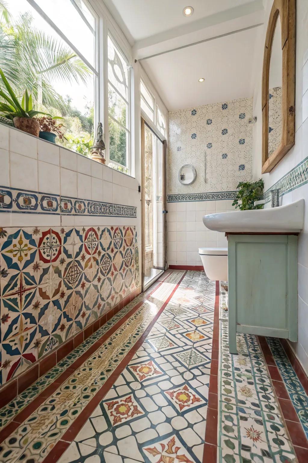 A bathroom featuring intricate tile designs that bring character and charm to the space.