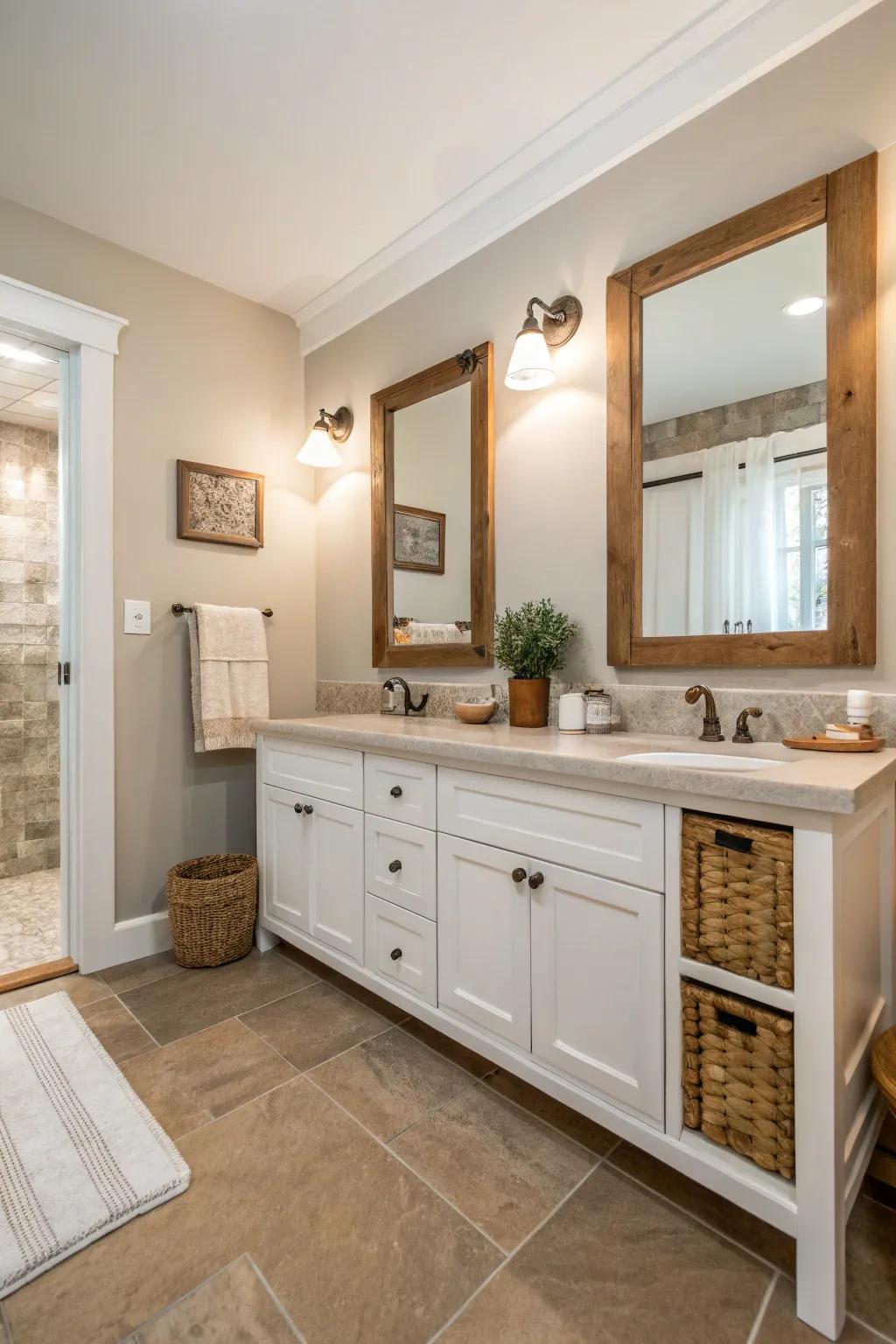 Soft colors are a flexible and classic base for any bathroom design.