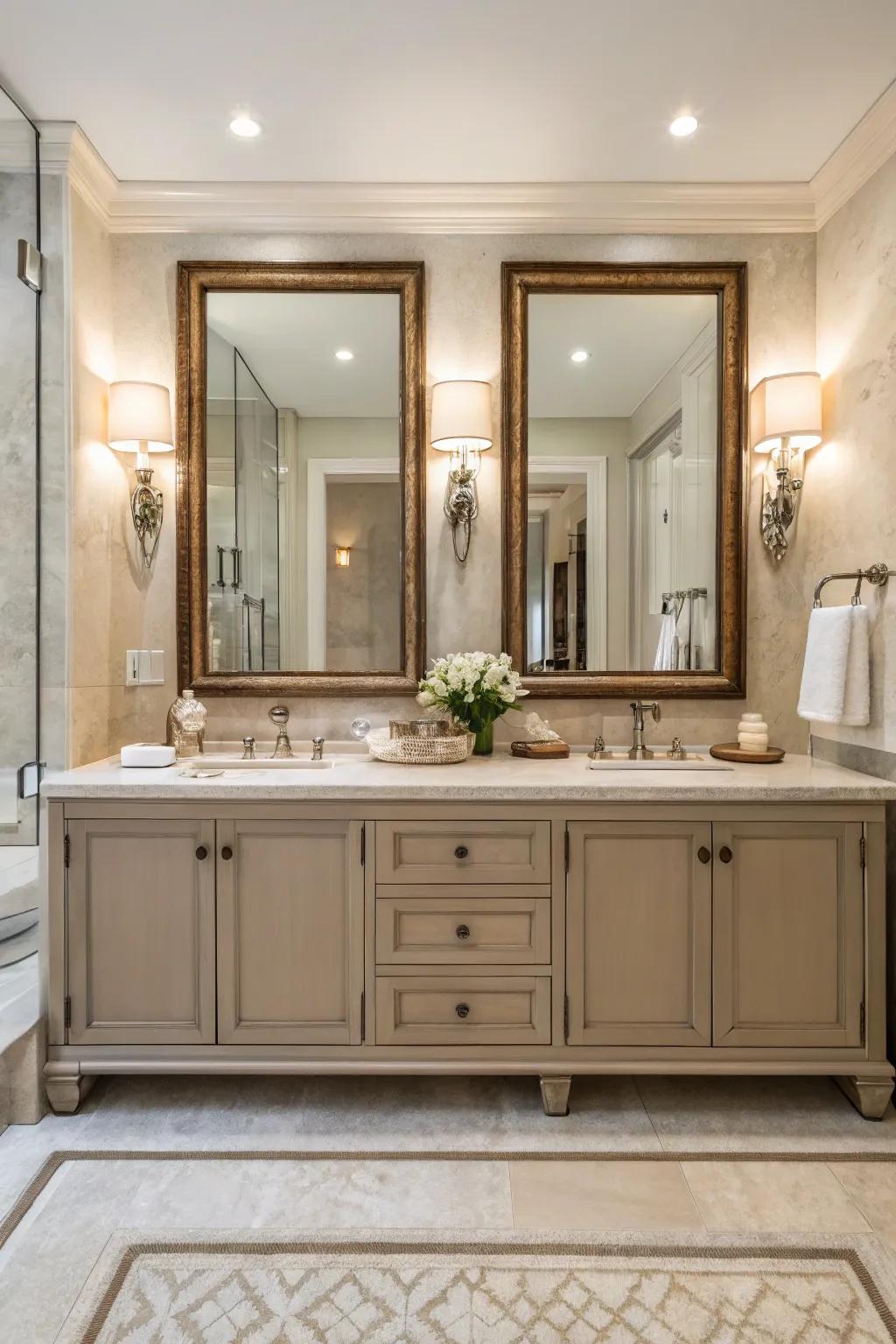 Paired mirrors are ideal for shared bathroom areas.