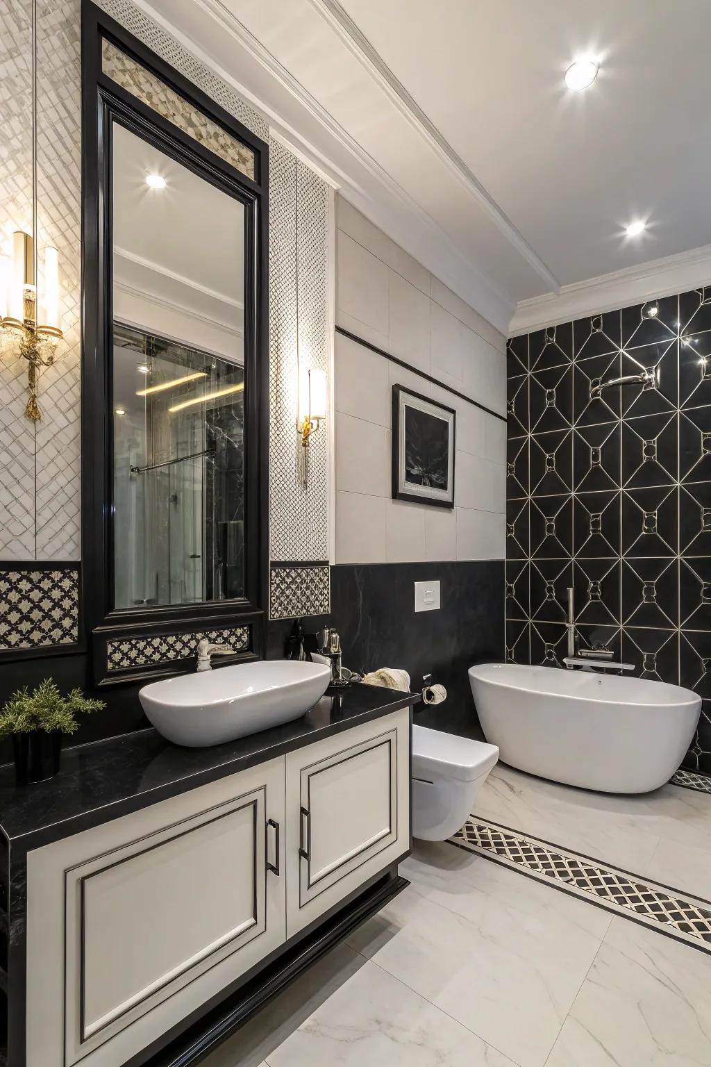 A sophisticated ebony and ivory bathroom with sophisticated refinement.