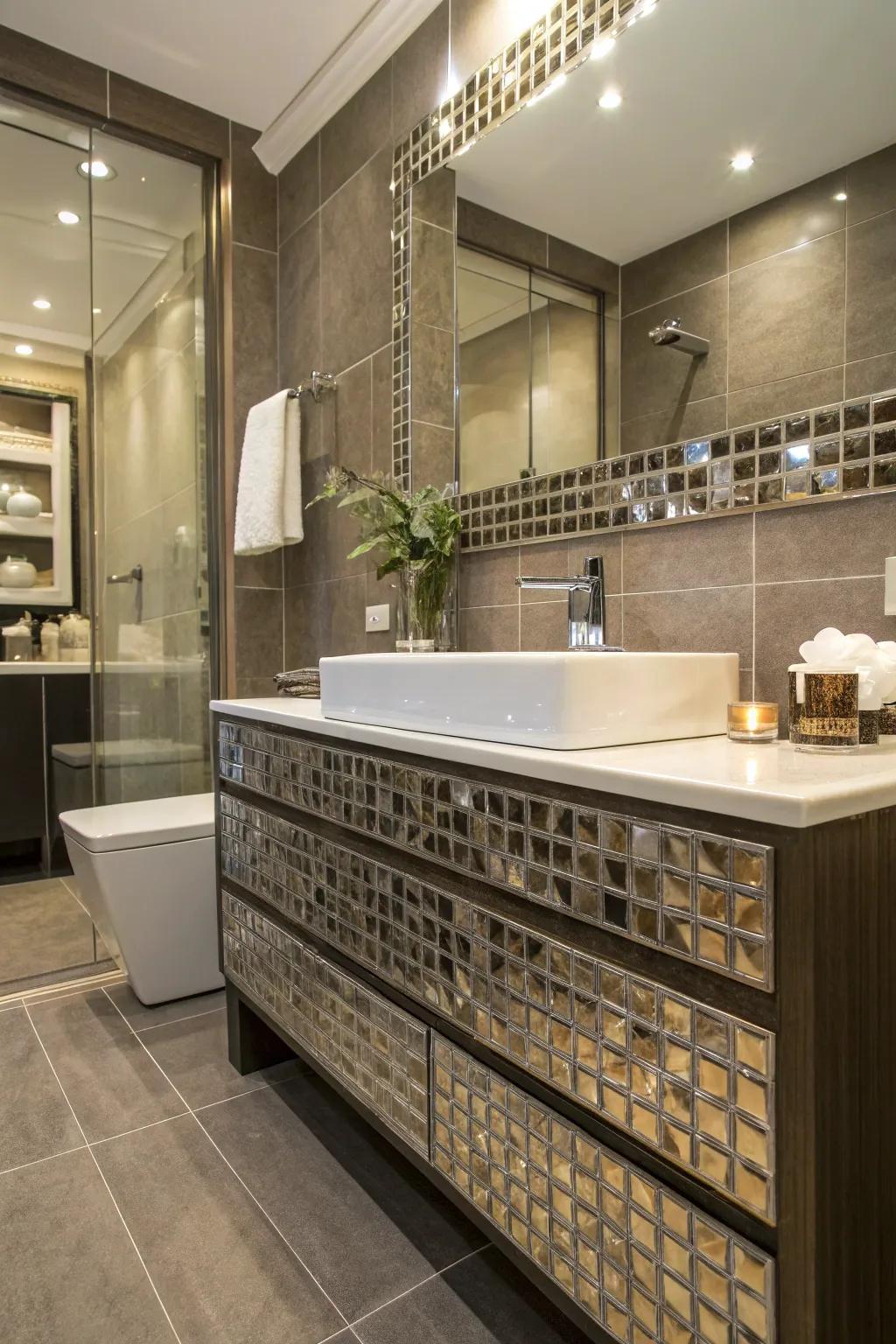 Shiny trims add a touch of modern luxury to the bathroom.