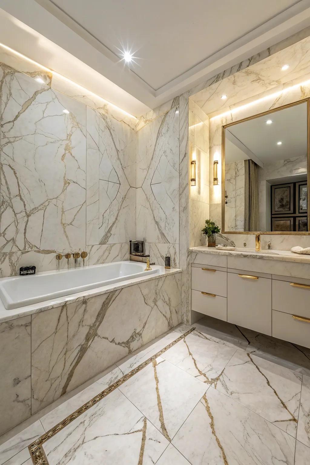 Lavish quarried rock panels for a refined finish.