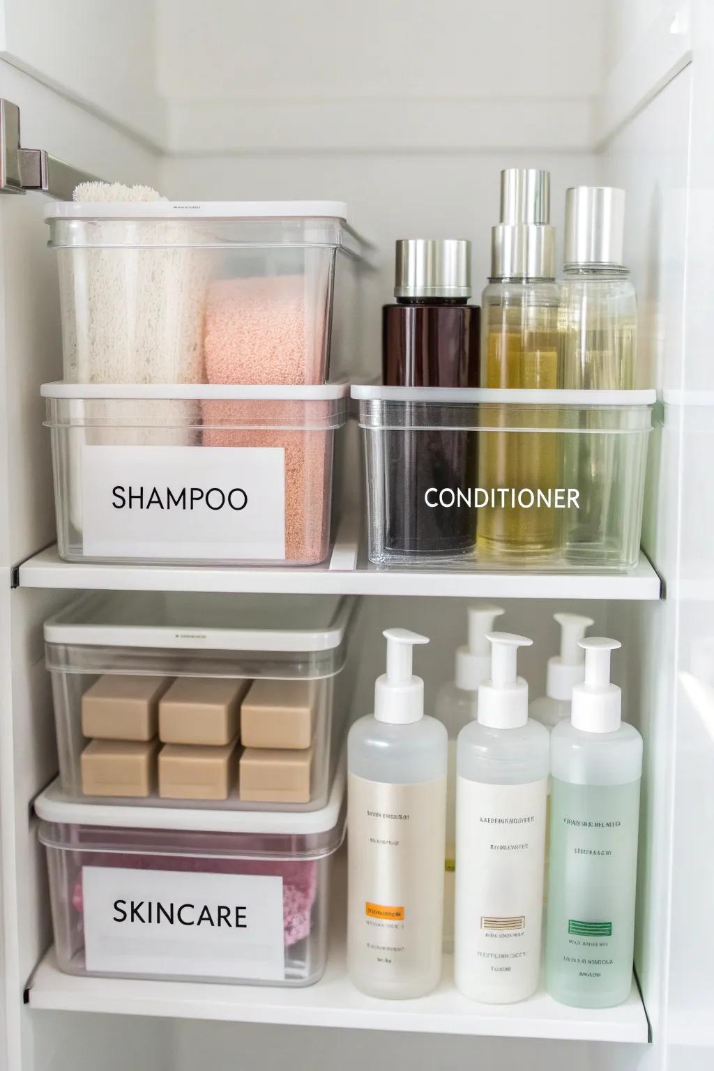 See-through containers maintain cabinet essentials visible and arranged.