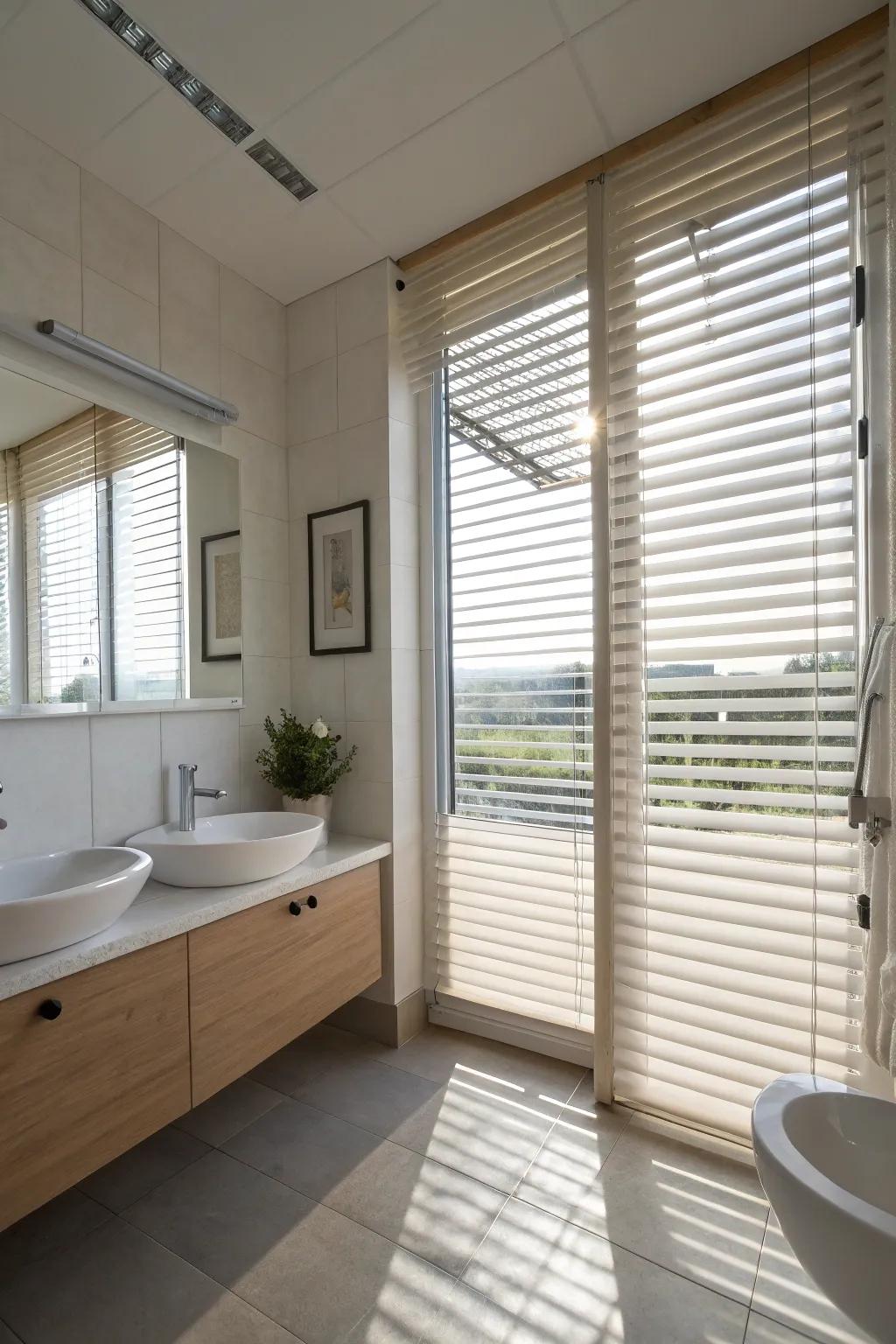 Adaptable blinds offering customizable light and privacy in the bathroom.