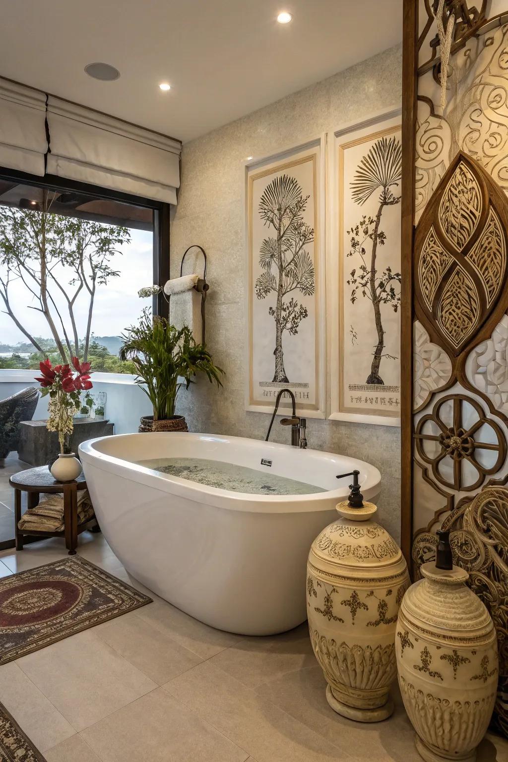 A creative bathroom space showcasing distinctive ornamentation all around the tub.