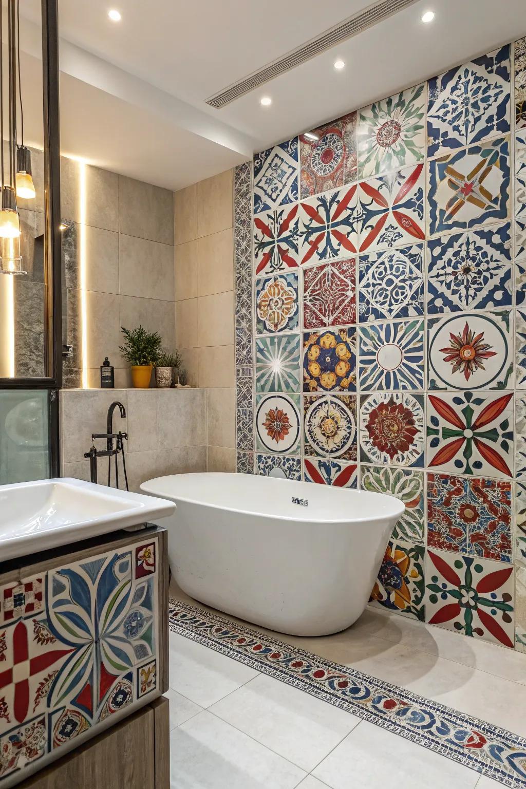 Dramatic tile designs give character and flair to this tub area.