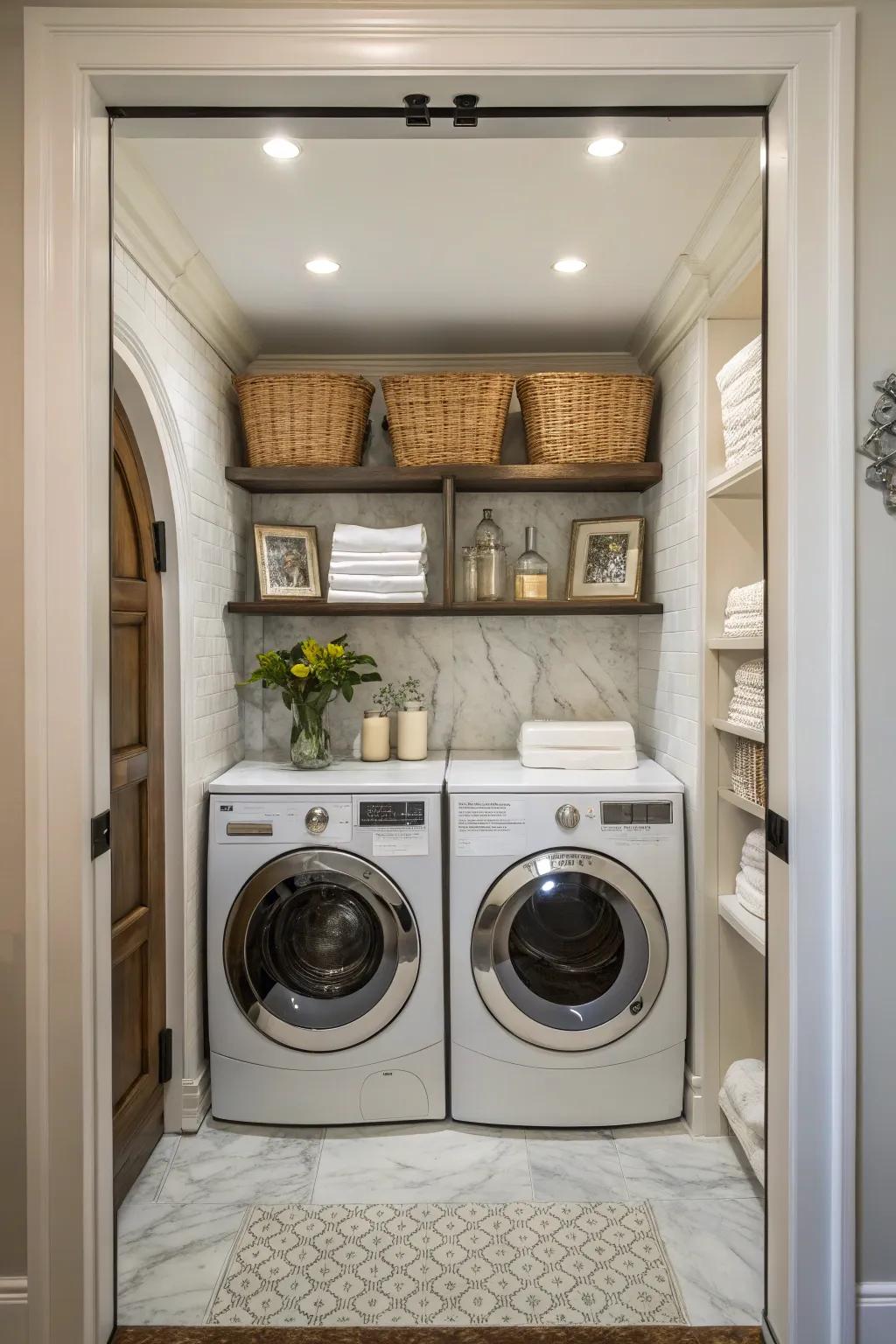 An alcove is used cleverly to house laundry appliances.