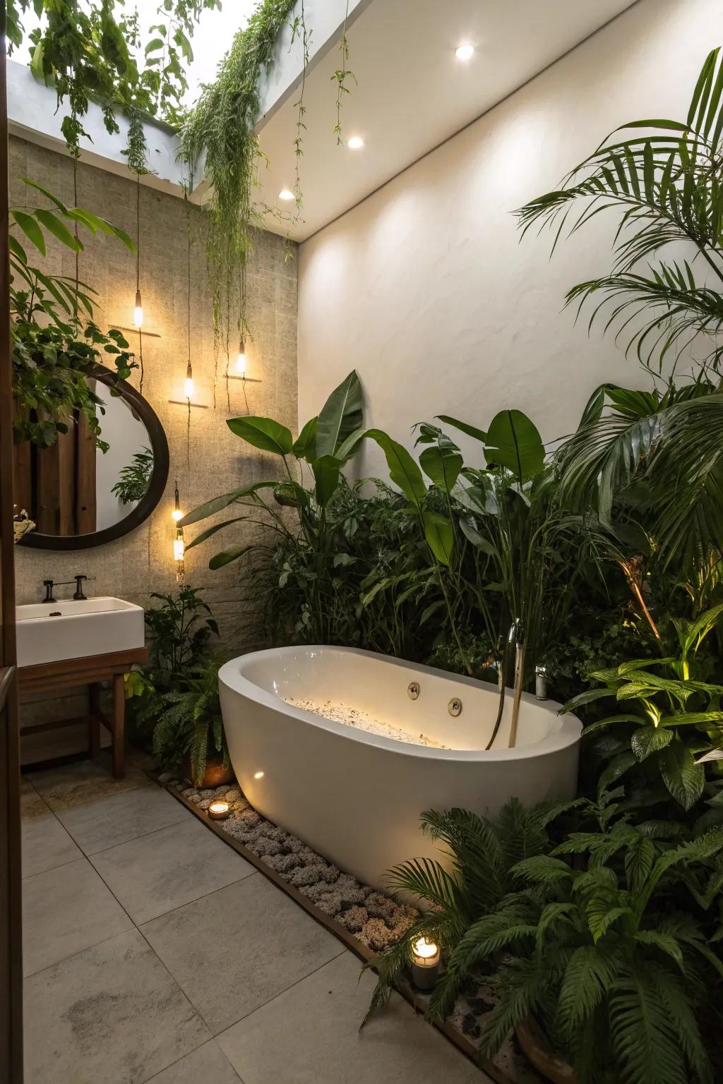A spa-like vibe featuring plants and soft lighting near the tub.