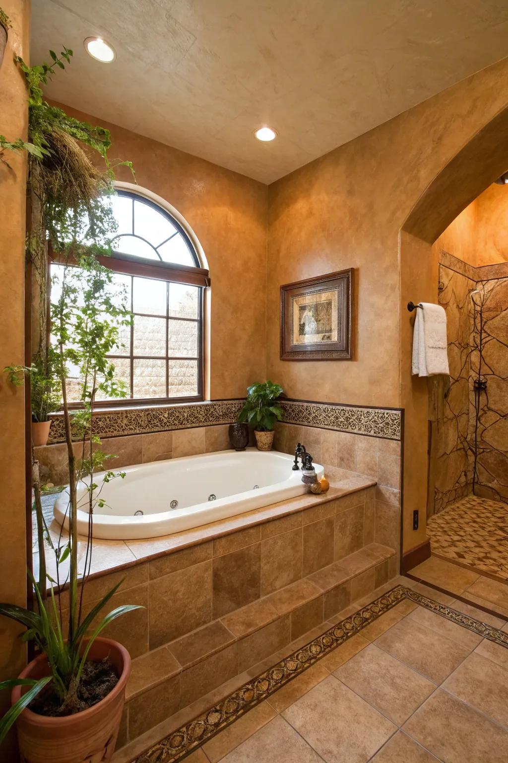 Earth tones create a soothing and tranquil bathtub environment.