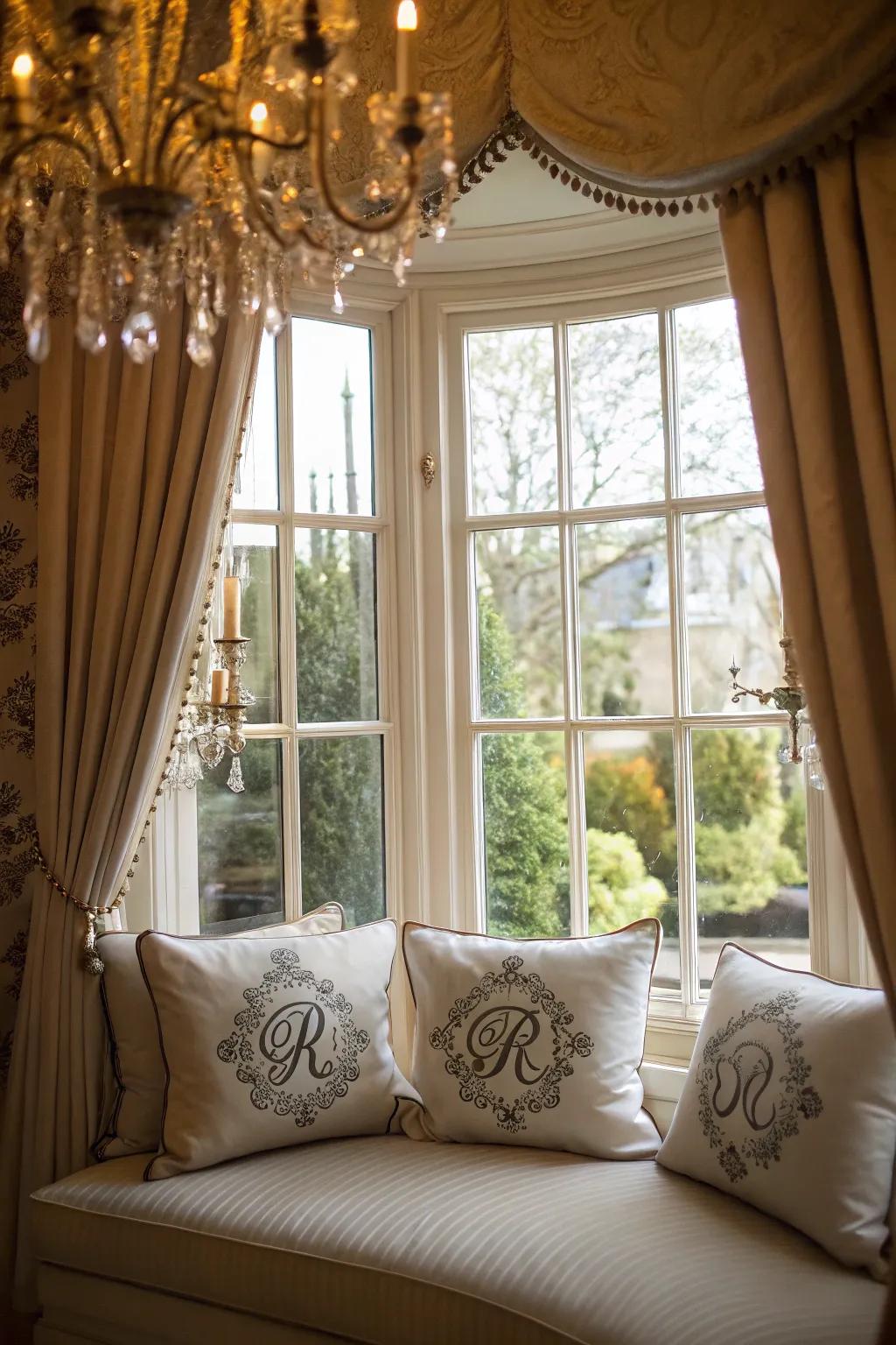 Monogrammed cushions extend a bespoke touch to your bay window space.