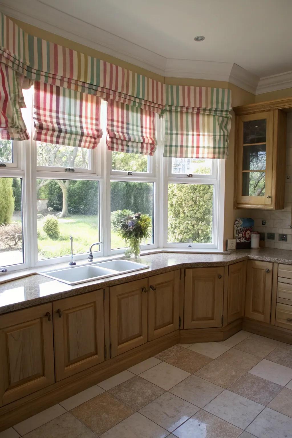 Playful window toppers add charm to kitchen windows.