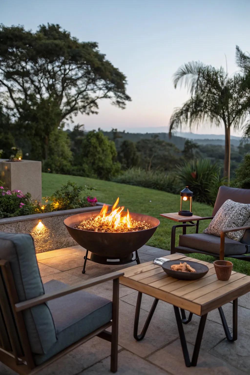 Enjoy warmth and flexible cooking options with a fire pit.