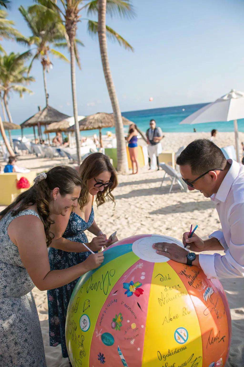 An inflatable sphere guest book introduces a whimsical spin to attendee sign-ins.