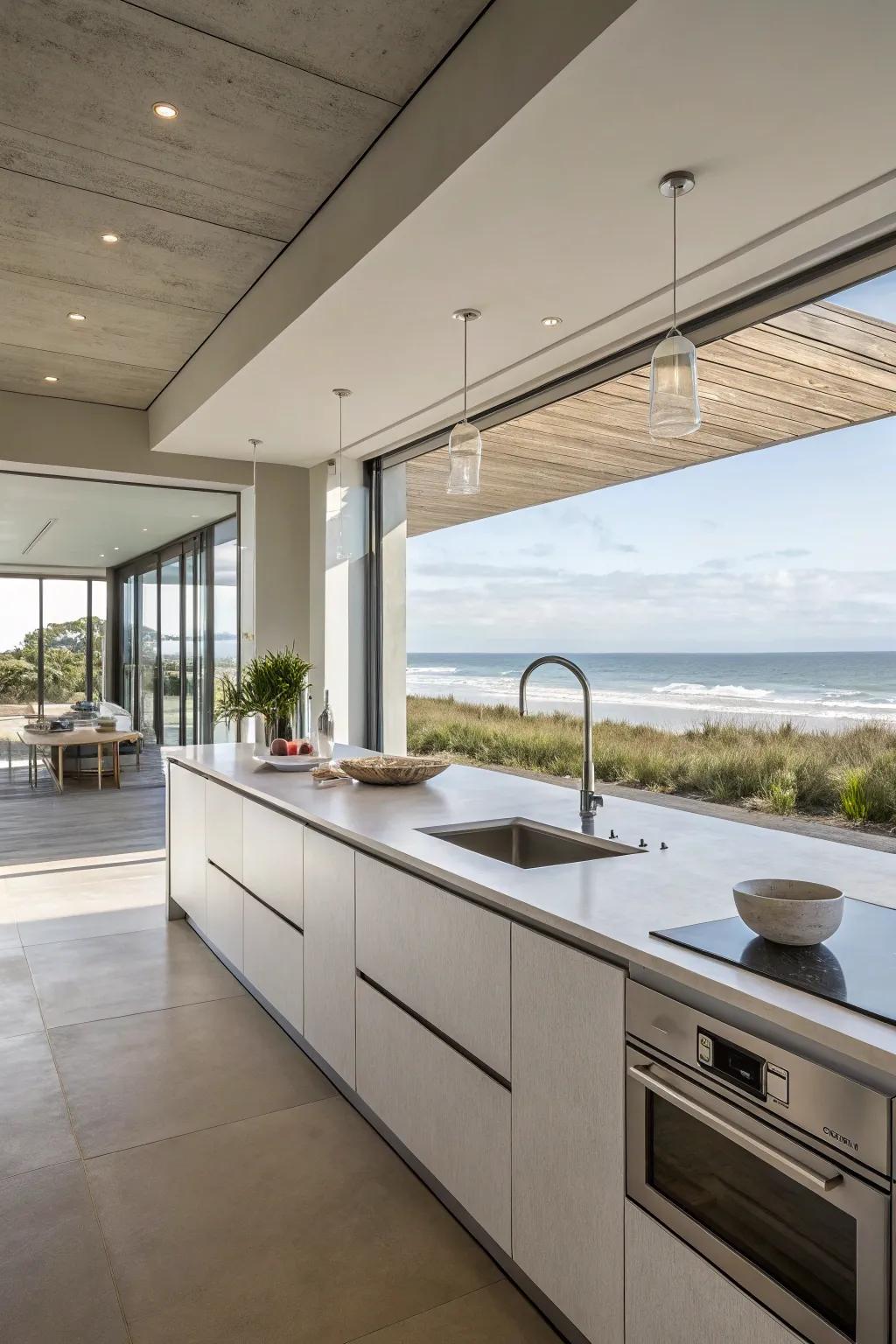 A modern kitchen that blends utility with beach house allure.