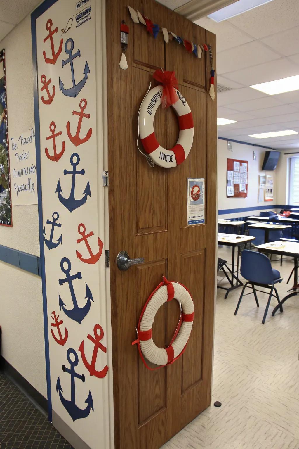 Classroom door with maritime decorations for a traditional beach feel.