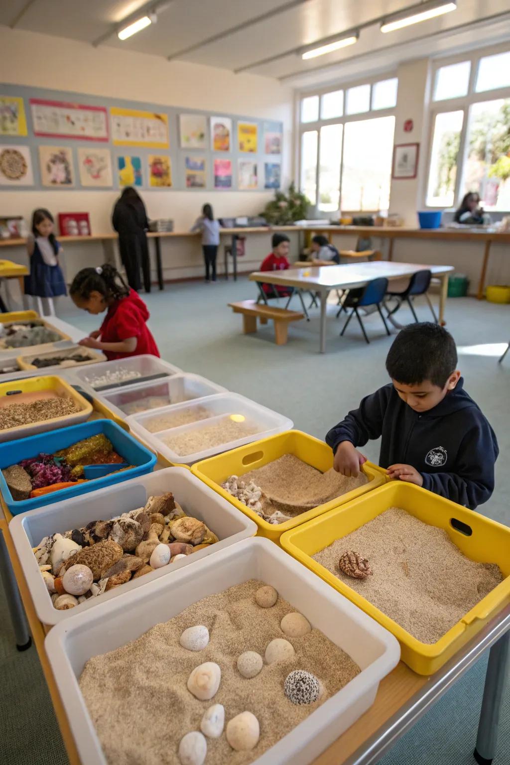 Seashell discovery boxes in the classroom promoting practical learning and discovery.