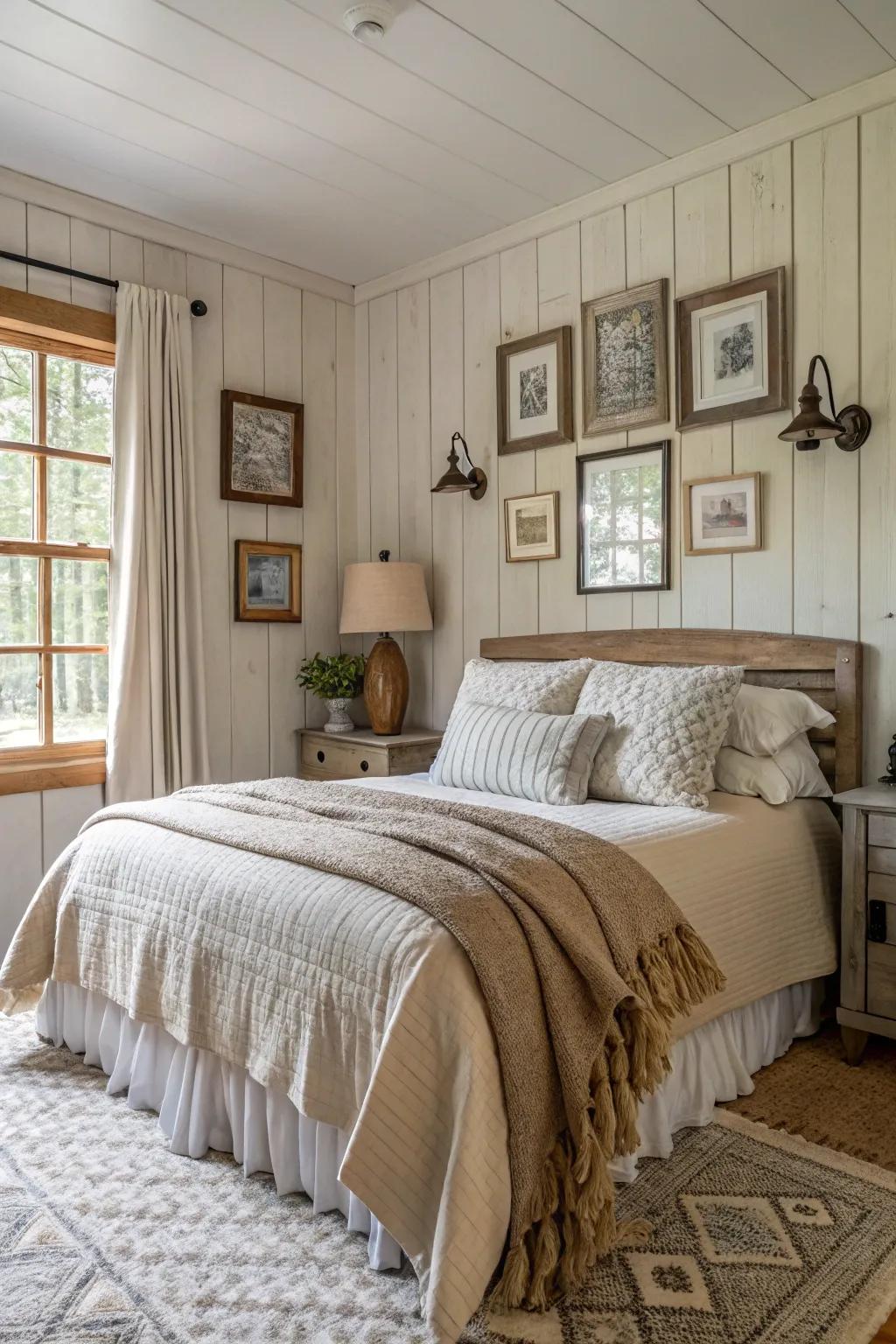 A comfortable bedroom featuring plank panel walls in muted tones.