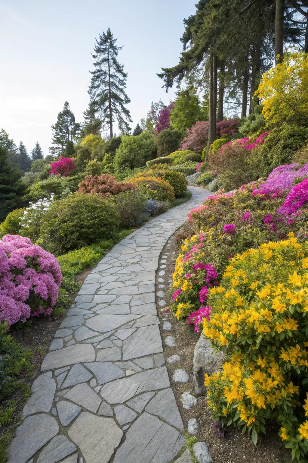 A stone pathway meanders through a lush, vibrant garden.
