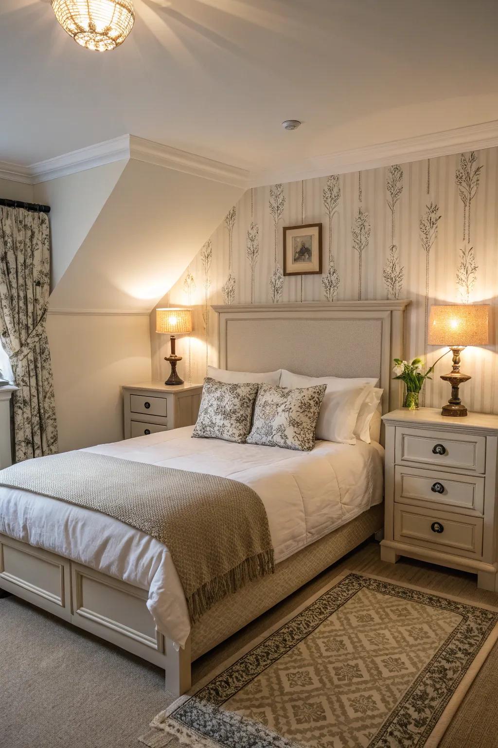 Symmetrical design brings balance to a corner bed.