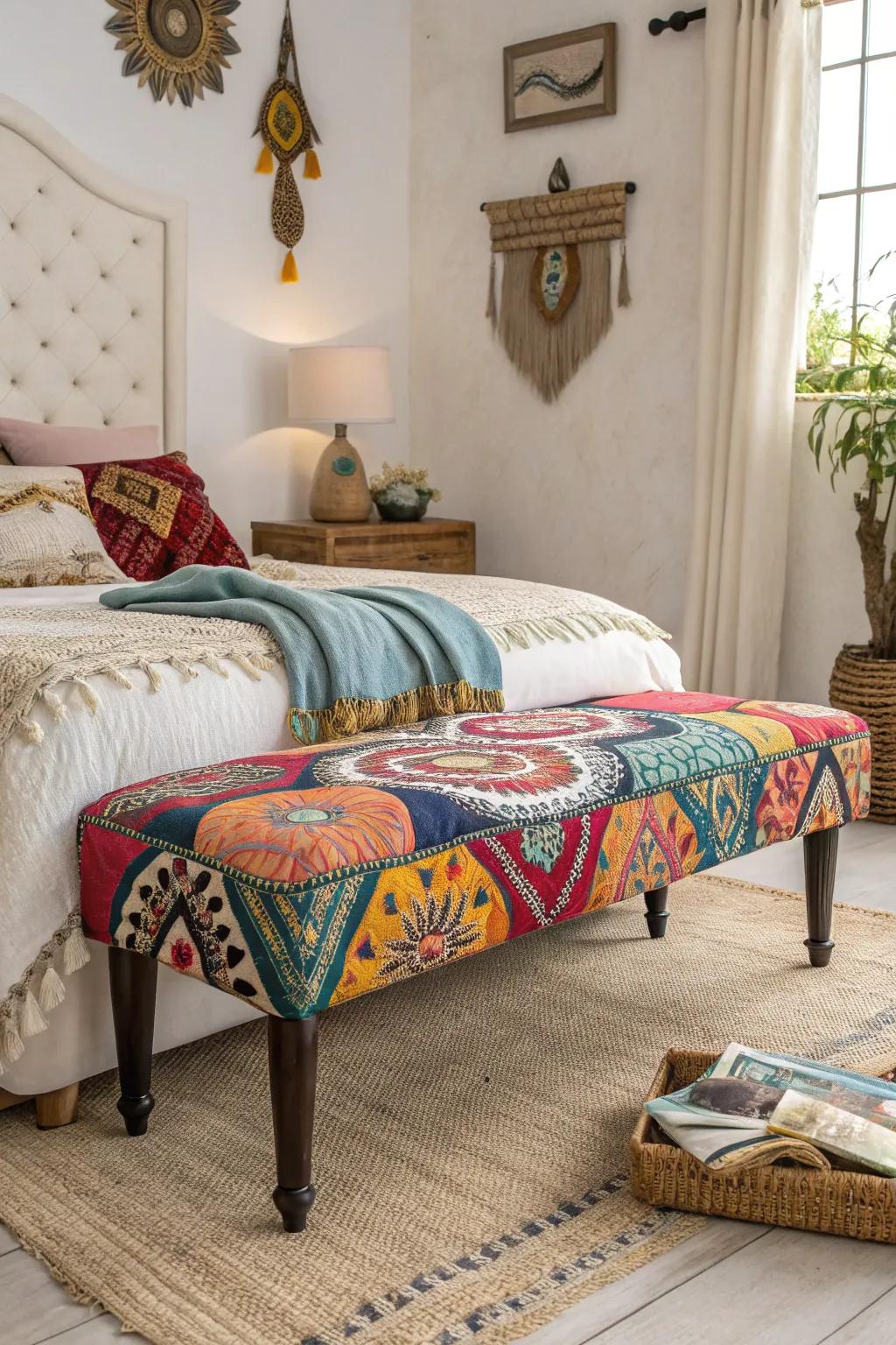 Bohemian benches add color and personality to your bedroom.
