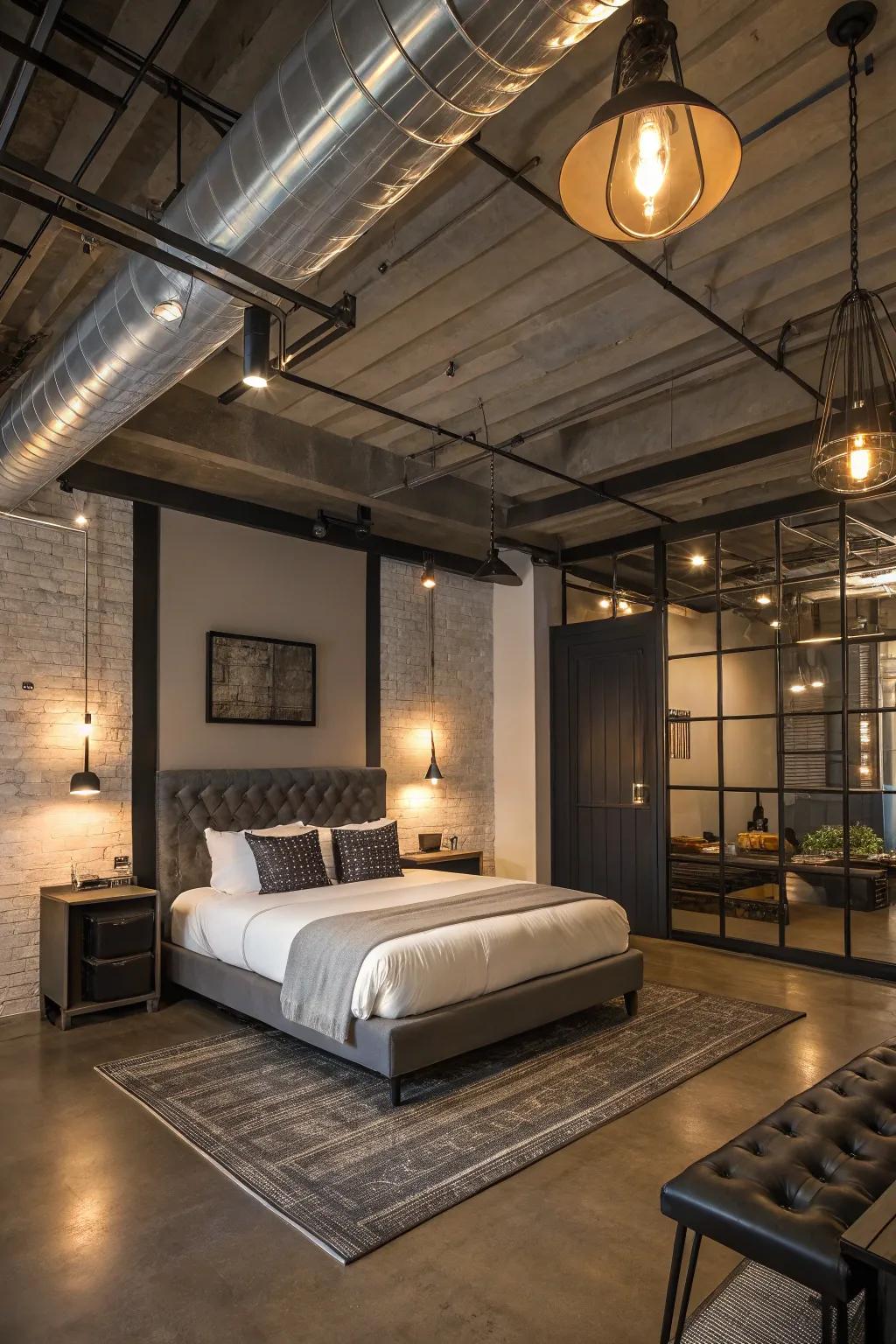 Industrial lighting contributes a modern sharpness to any bedroom setting.