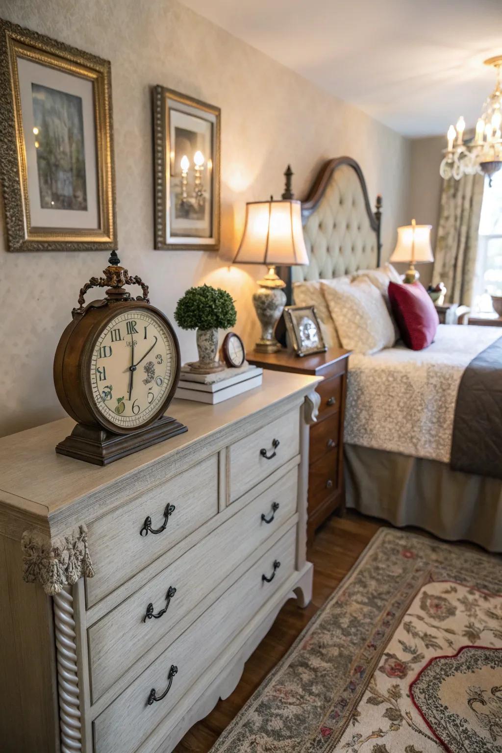 A vintage clock fills your bedroom with enduring charm.