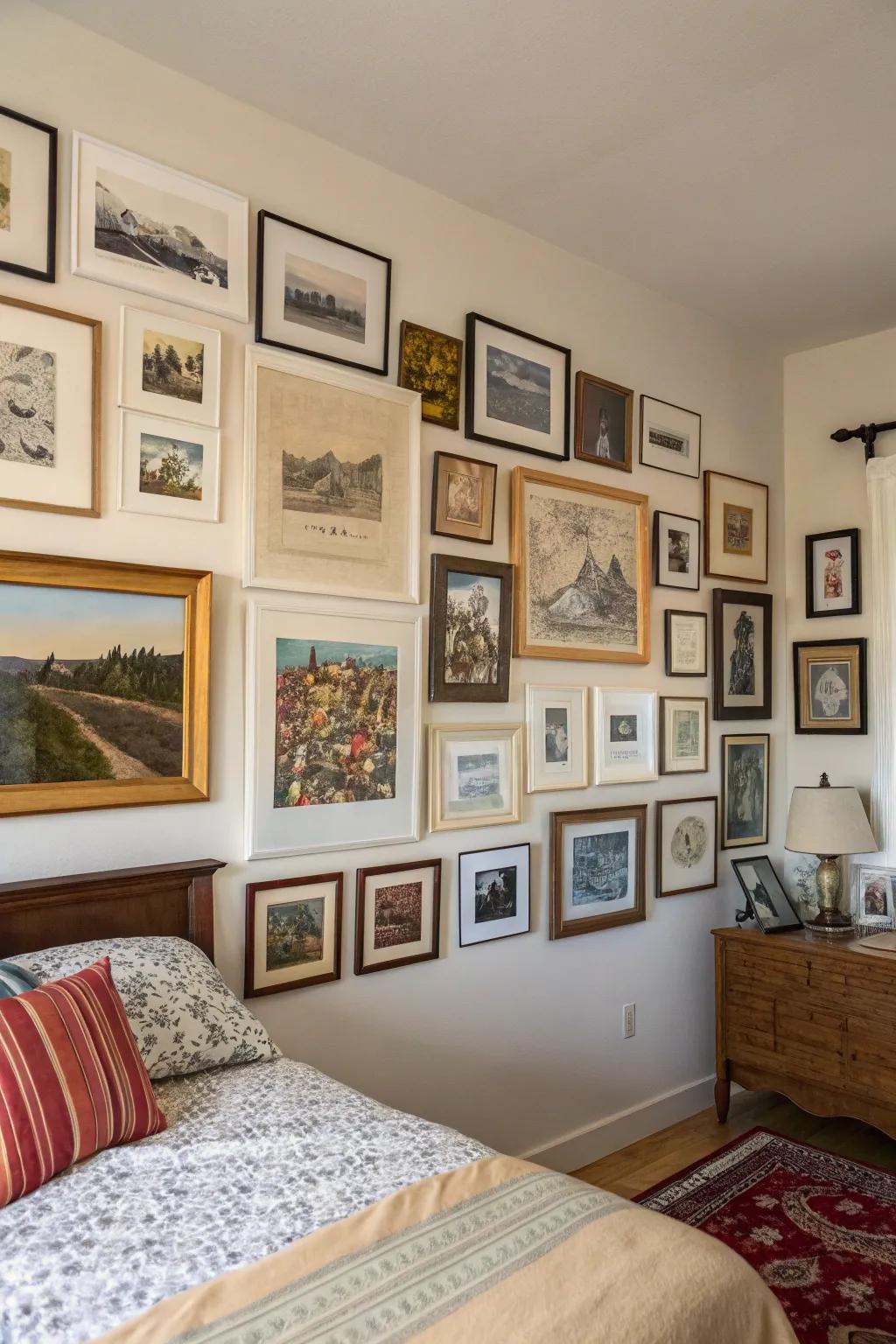 A personalized gallery wall injects character into your bedroom.