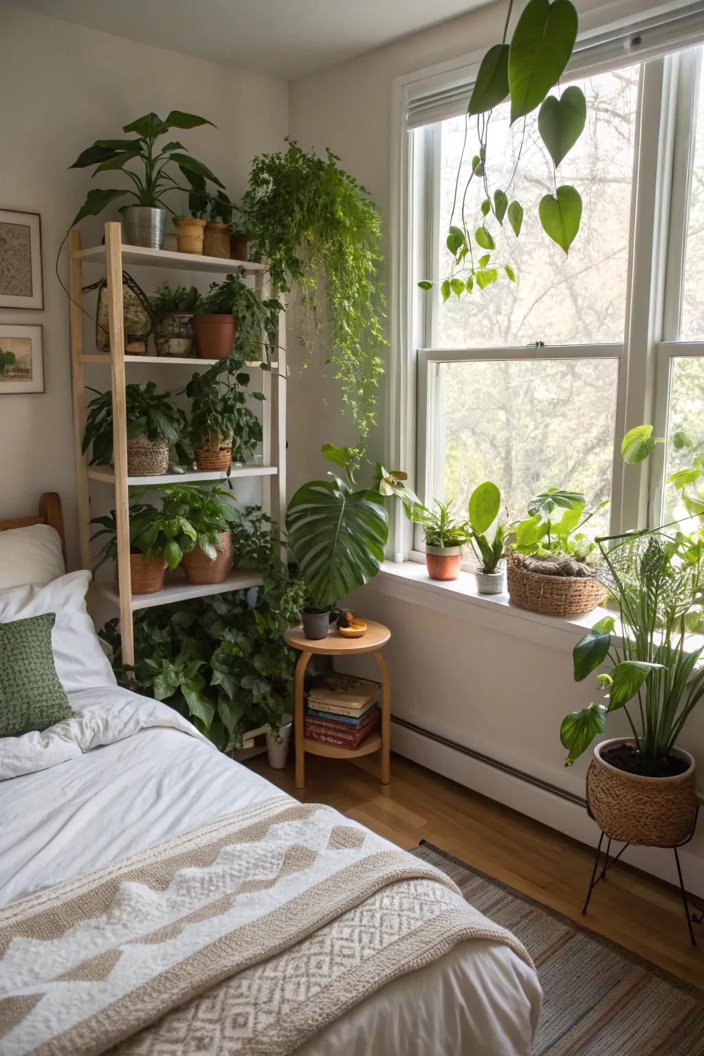 Indoor plants contribute freshness and a hint of nature to this vibrant bedroom.