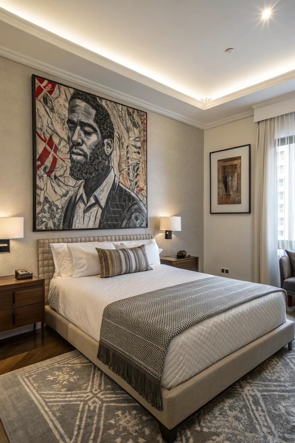 Bold artwork acts as a captivating focal point in this bedroom.