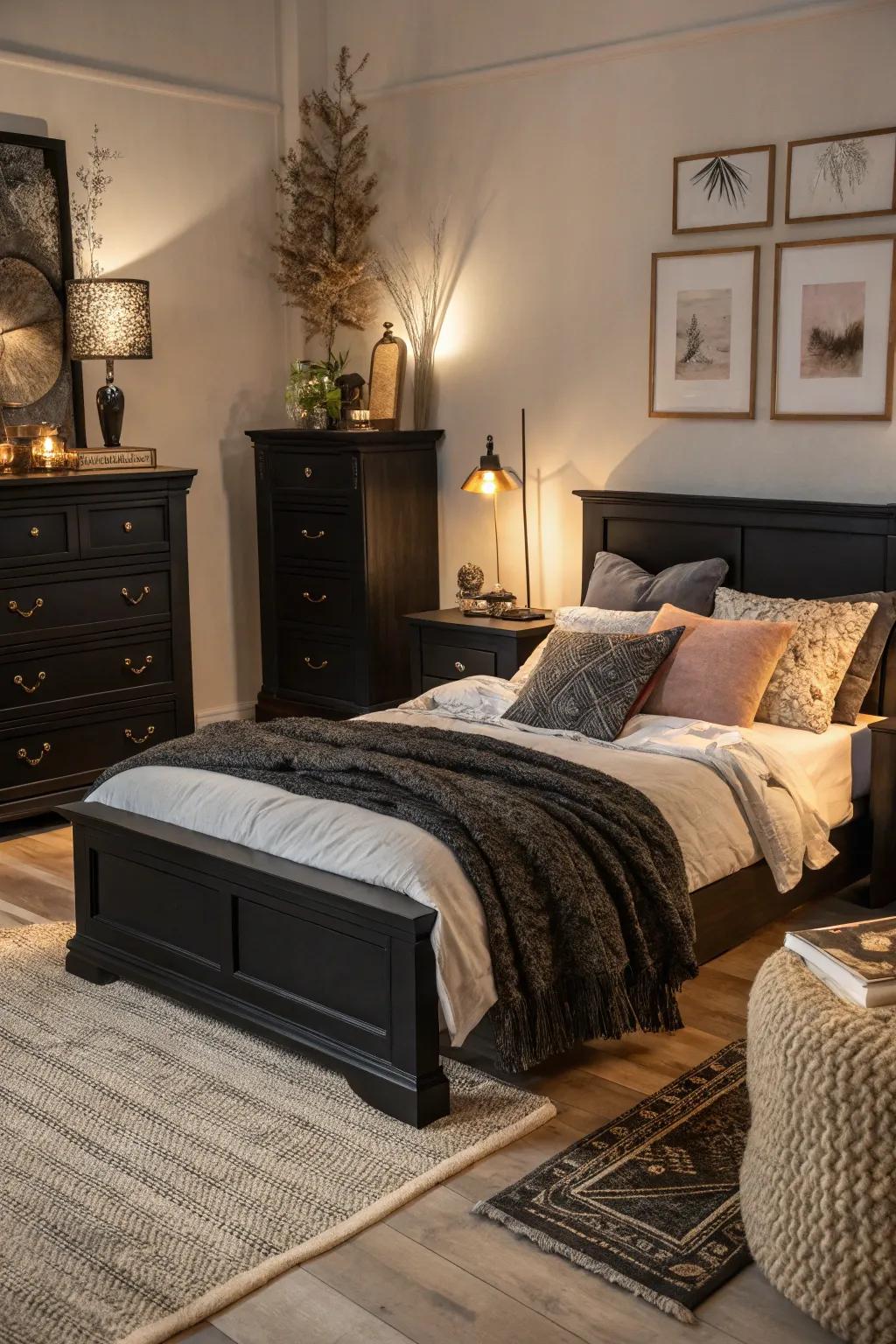 Textures like velvet and knits add depth and coziness to a black furnished bedroom.