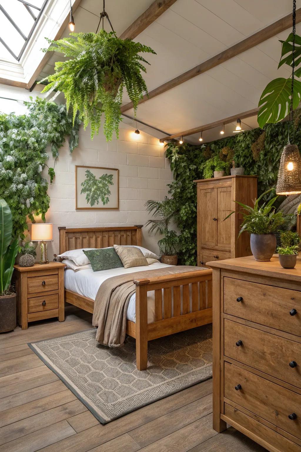 A bedroom in balance with nature, featuring timber and greenery.