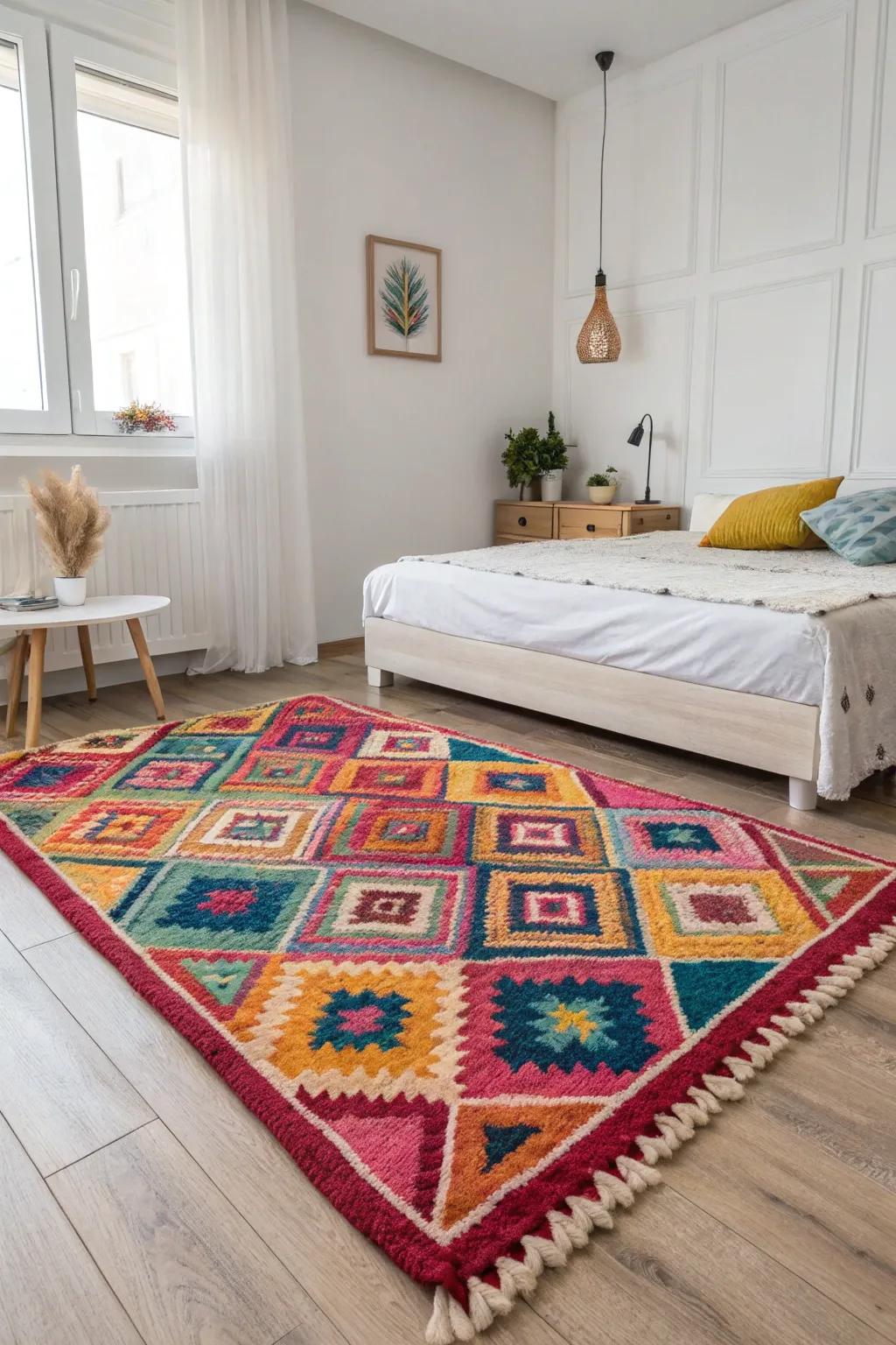 A vibrant carpet animates a neutral space.