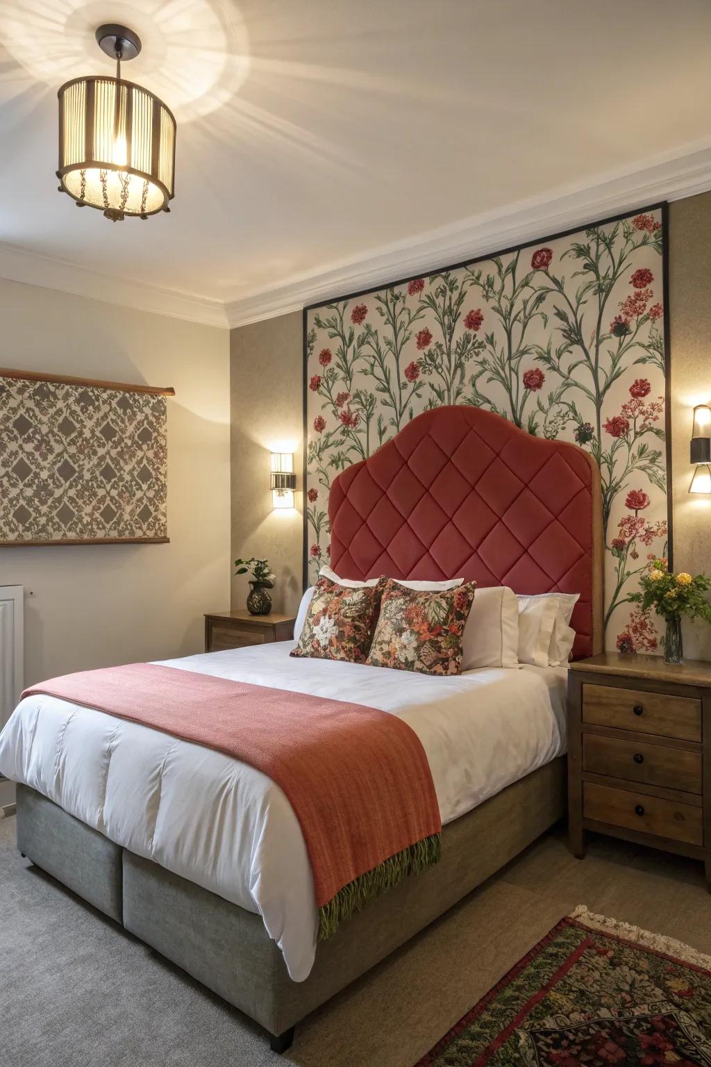 A bedroom showcasing a striking accent wall and headboard.