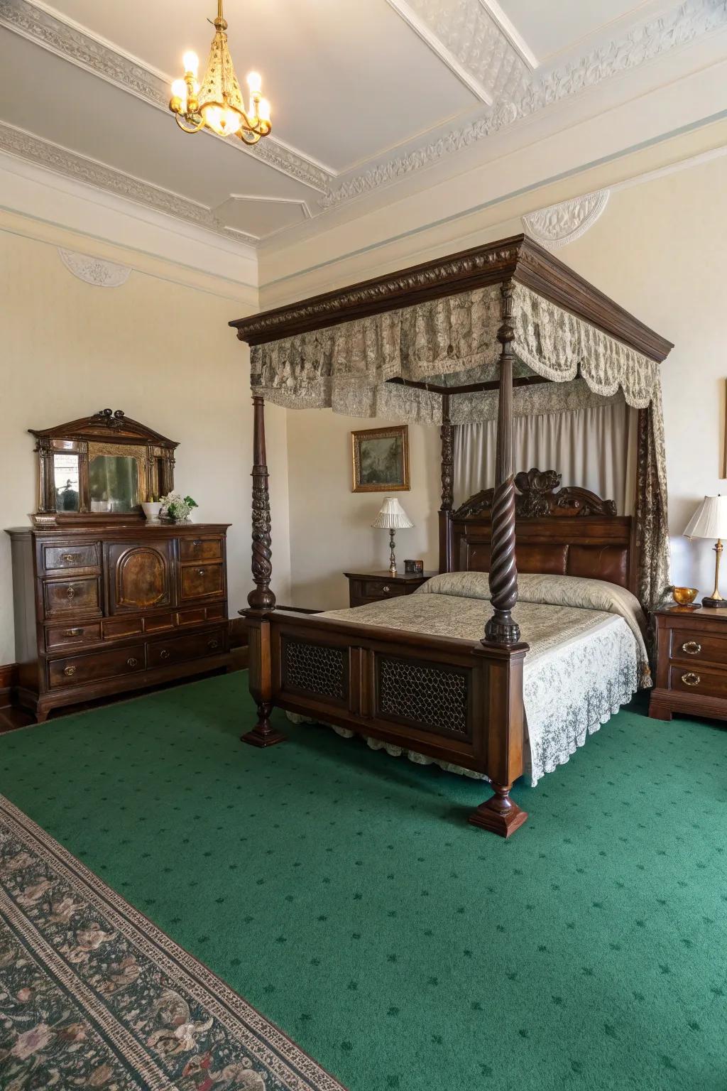 Dark wood furniture provides a beautiful contrast with the rich verdant floor covering.