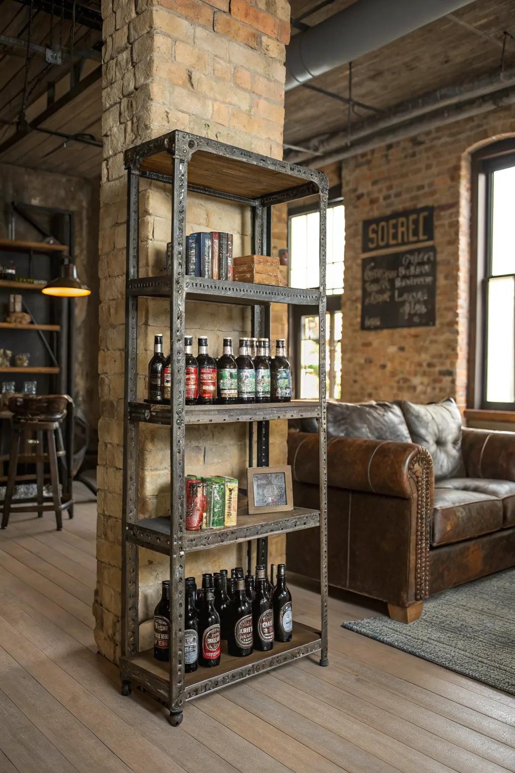 Timeless steel shelving with beer bottles in an industrial-style lounge.