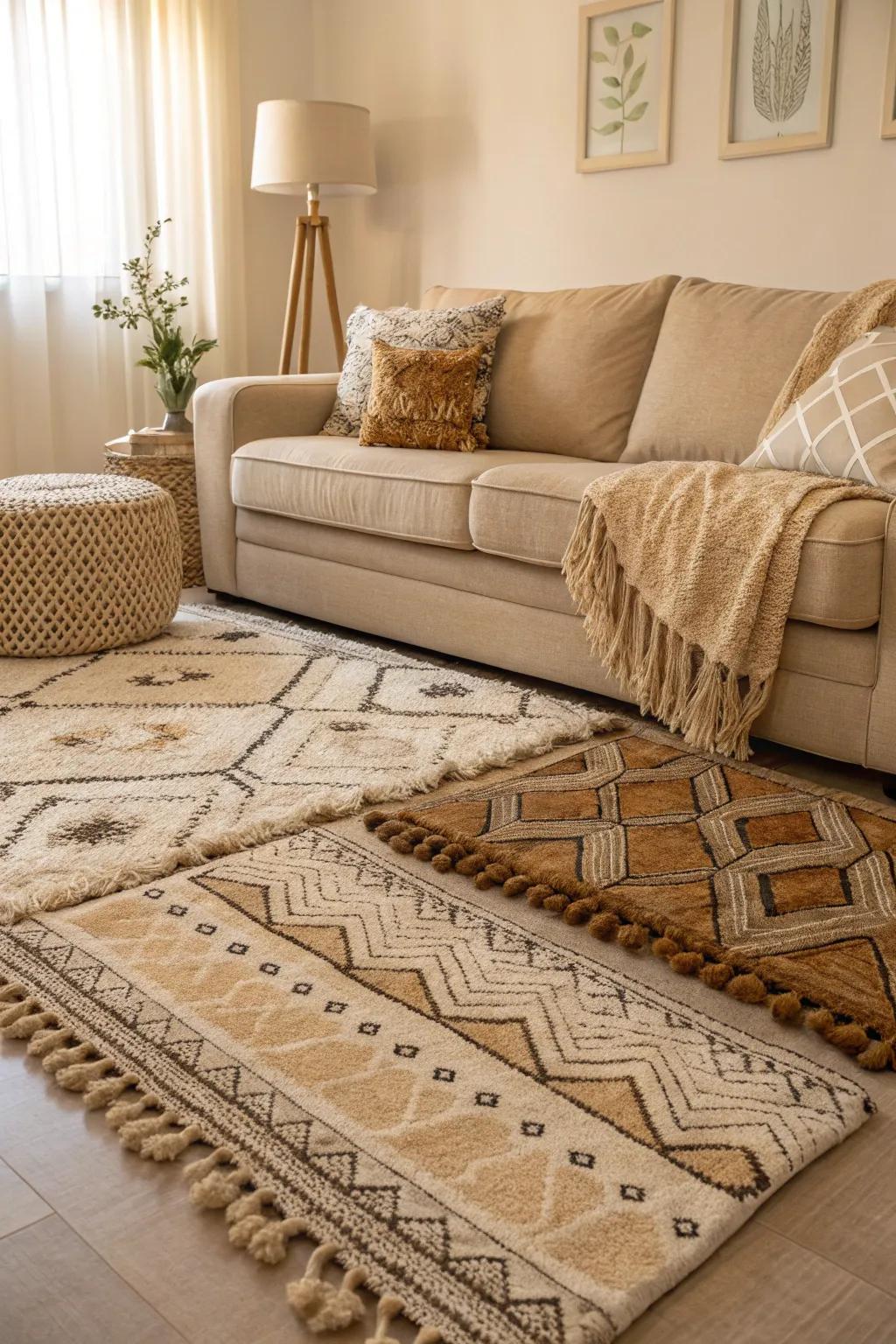 A creative approach to rug layering in a living room that features a sand-toned sofa.