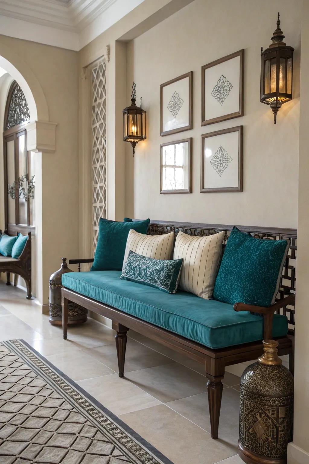 A bold pop of color like sapphire can transform a simple bench into a statement piece.