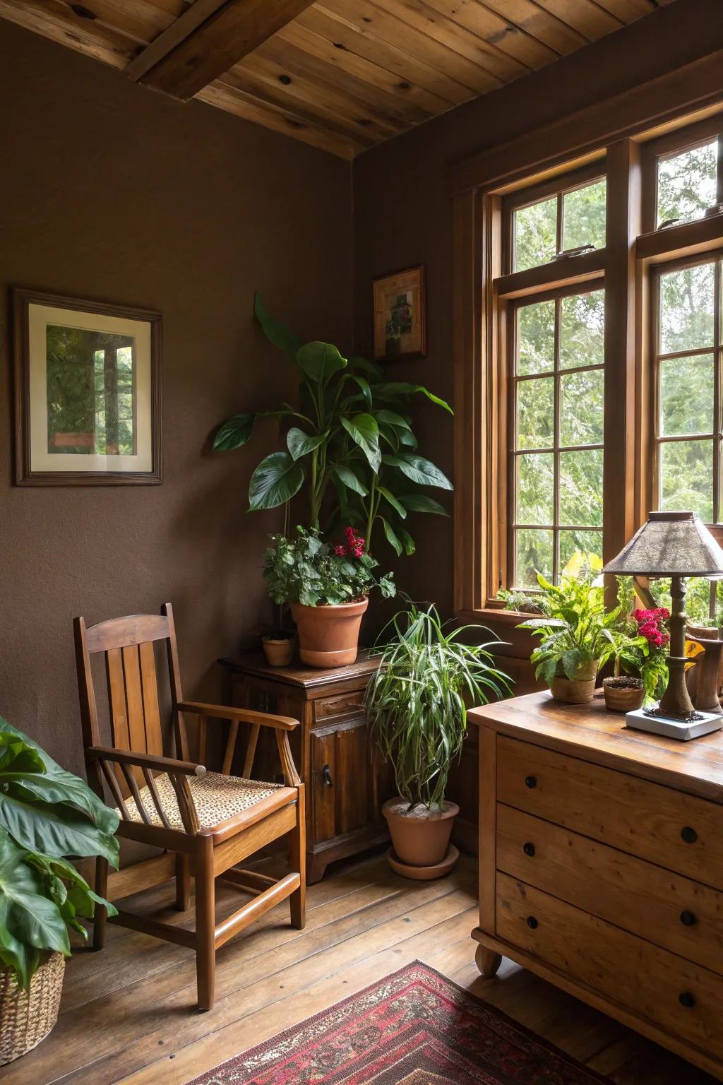 Earthy elegance using natural lumber and greenery.