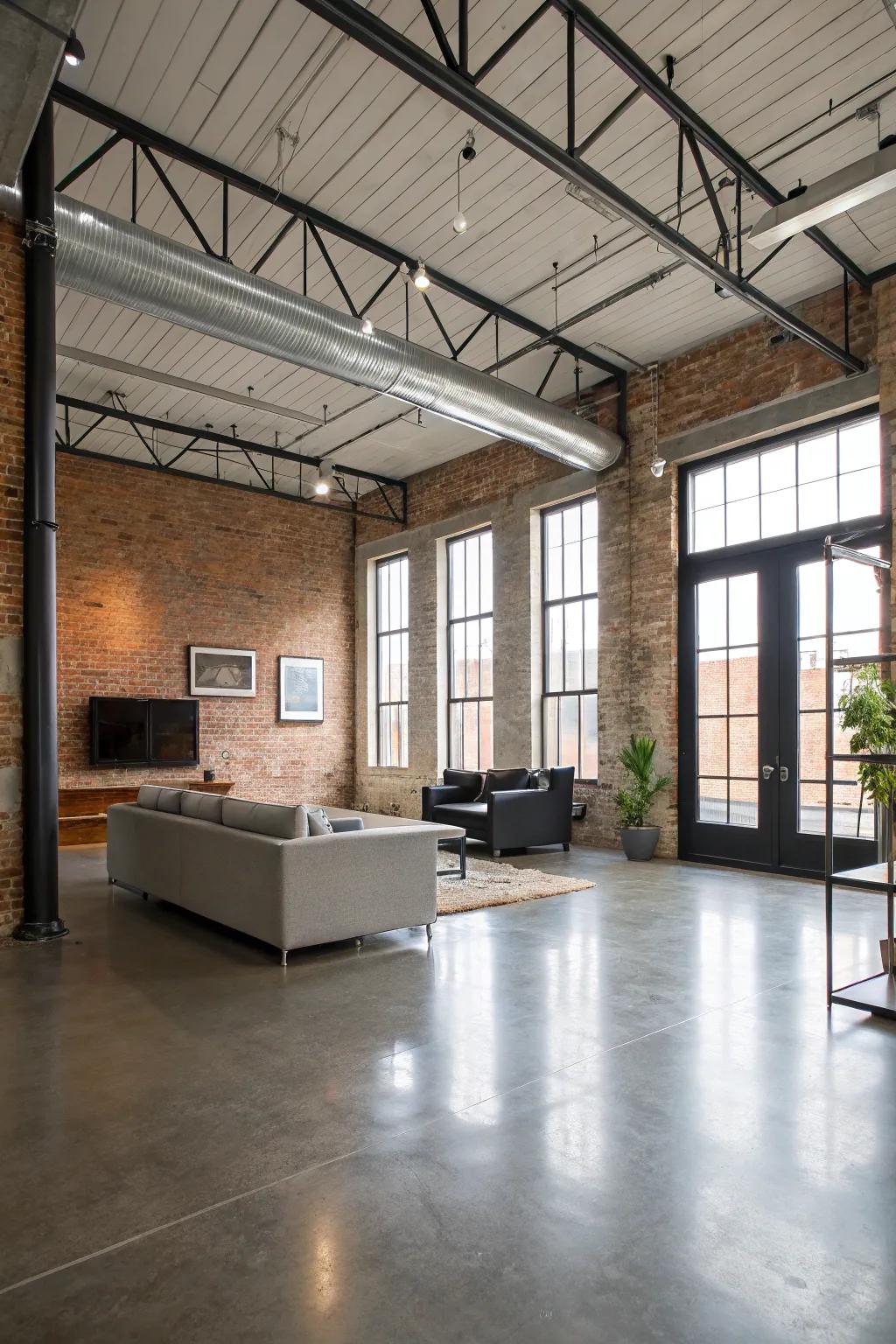 Concrete floors deliver a minimalist, industrial charm.