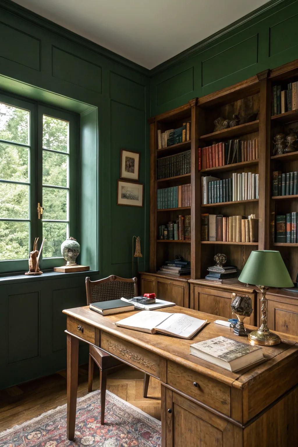 A personal library changed into a forest haven featuring deep green walls.