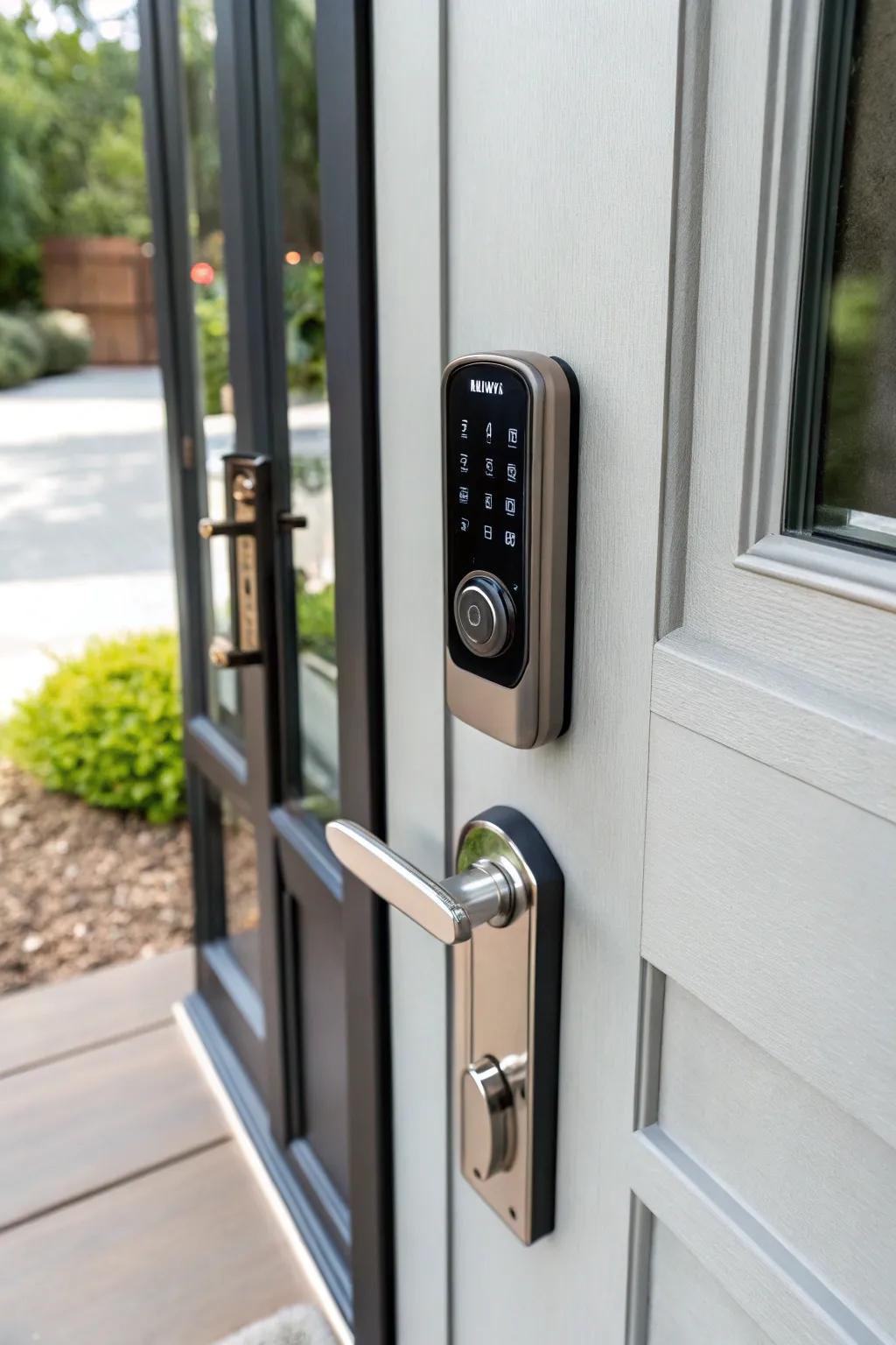 A smart lock enhances a modern front door with its streamlined design and keyless entry.