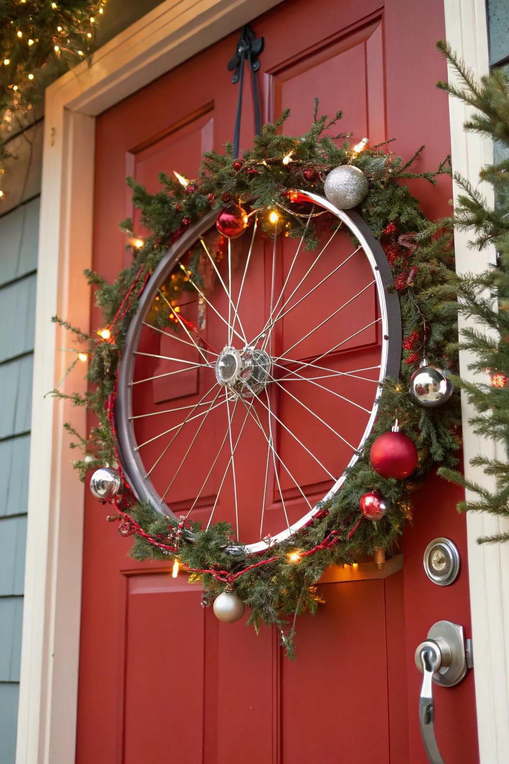 A holiday-themed bicycle wreath complete with lights and ornaments, ready for the festive celebrations.
