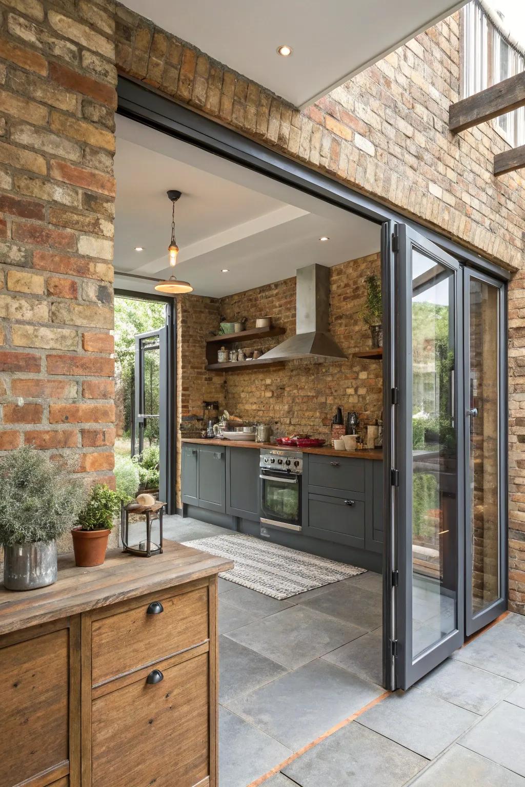 Combine rustic brick with modern bifold doors for a unique style.